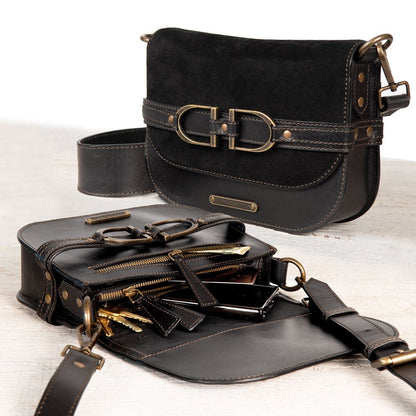 Urban Equestrian  Delaney - Equestrian Stirrup Crossbody Luxury Leather Handbag in Black on Black
