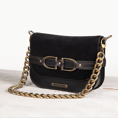 Urban Equestrian  Delaney - Equestrian Stirrup Crossbody Luxury Leather Handbag in Black on Black