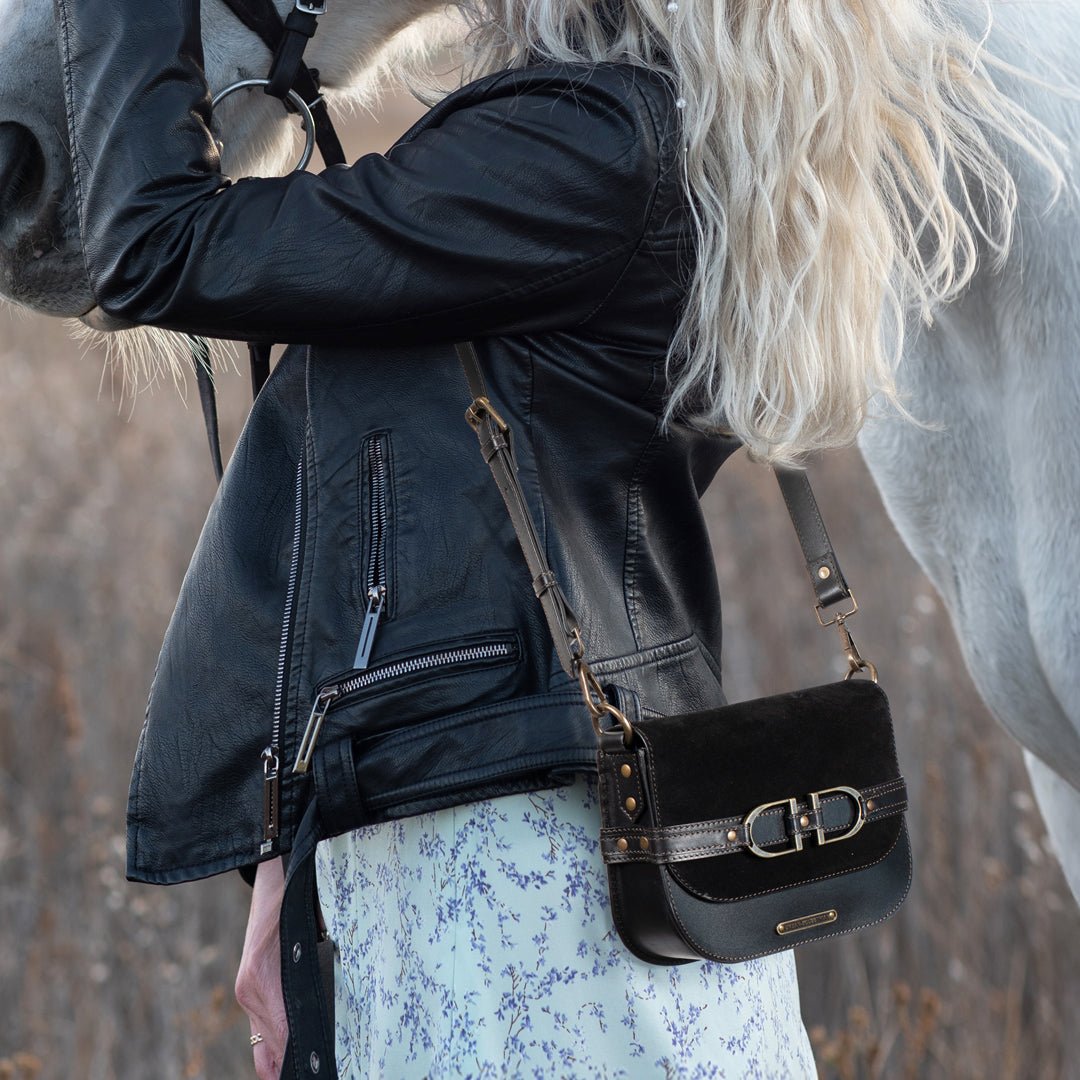 Urban Equestrian  Delaney - Equestrian Stirrup Crossbody Luxury Leather Handbag in Black on Black