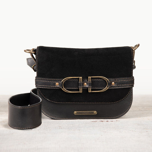 Urban Equestrian  Delaney - Equestrian Stirrup Crossbody Luxury Leather Handbag in Black on Black