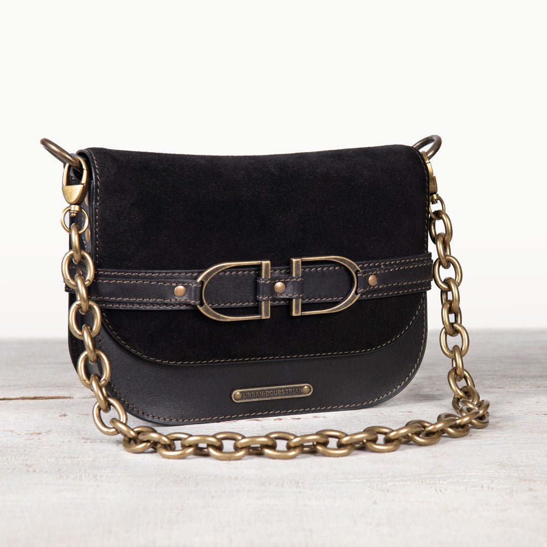 Urban Equestrian  Delaney - Equestrian Stirrup Crossbody Luxury Leather Handbag in Black on Black