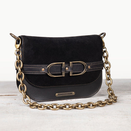 Urban Equestrian  Delaney - Equestrian Stirrup Crossbody Luxury Leather Handbag in Black on Black