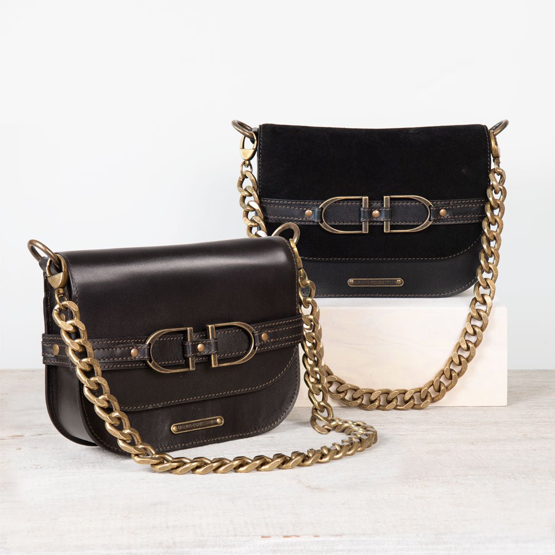 Urban Equestrian  Delaney - Equestrian Stirrup Crossbody Luxury Leather Handbag in Black on Black