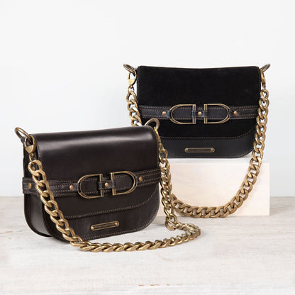 Urban Equestrian  Delaney - Equestrian Stirrup Crossbody Luxury Leather Handbag in Black on Black