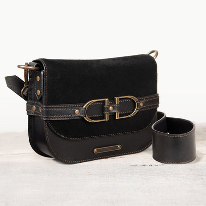 Urban Equestrian  Delaney - Equestrian Stirrup Crossbody Luxury Leather Handbag in Black on Black