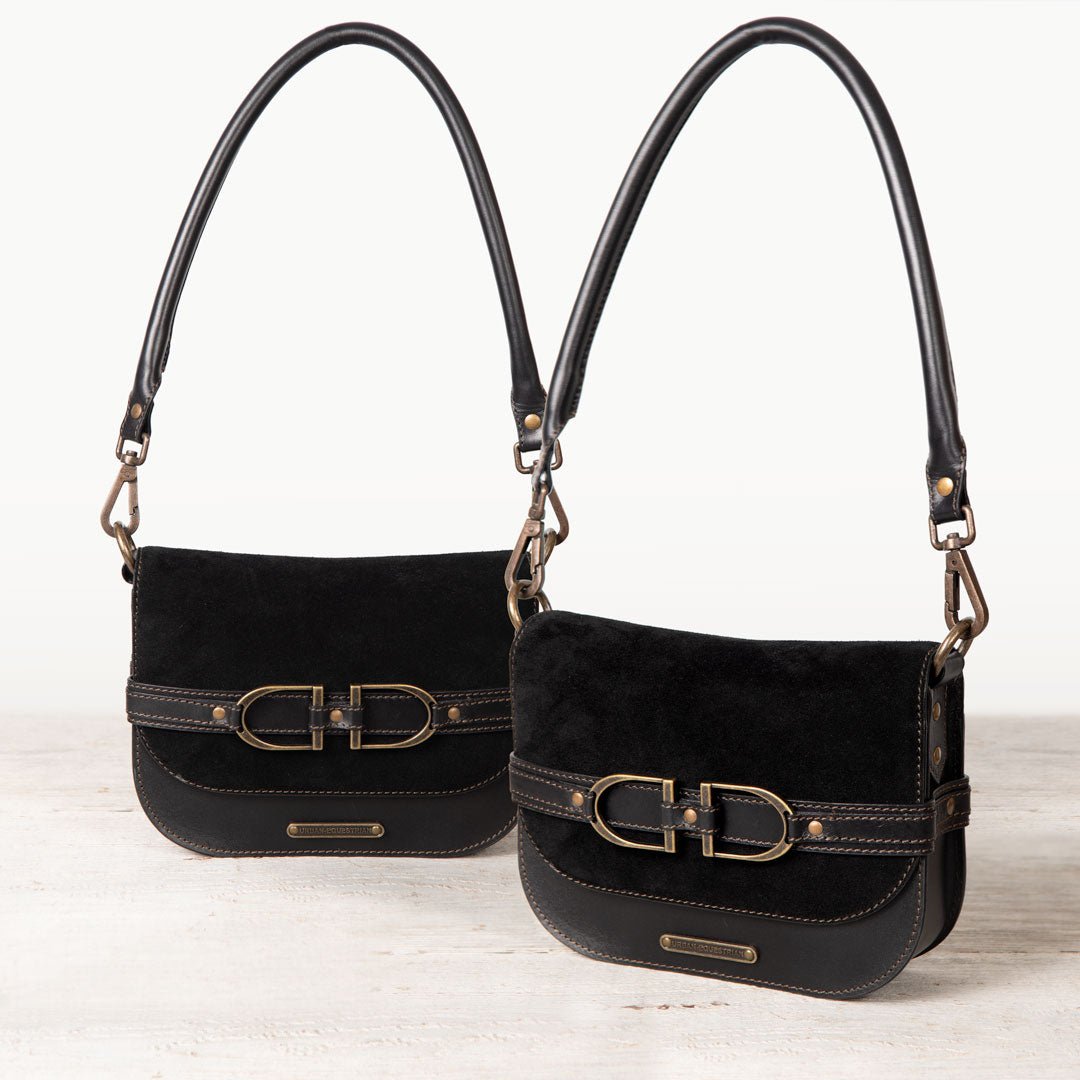 Urban Equestrian  Delaney - Equestrian Stirrup Crossbody Luxury Leather Handbag in Black on Black