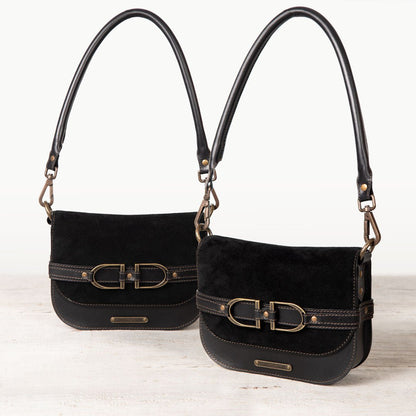 Urban Equestrian  Delaney - Equestrian Stirrup Crossbody Luxury Leather Handbag in Black on Black