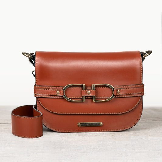 Urban Equestrian  Delaney - Equestrian Stirrup Crossbody Luxury Leather Handbag in Cognac
