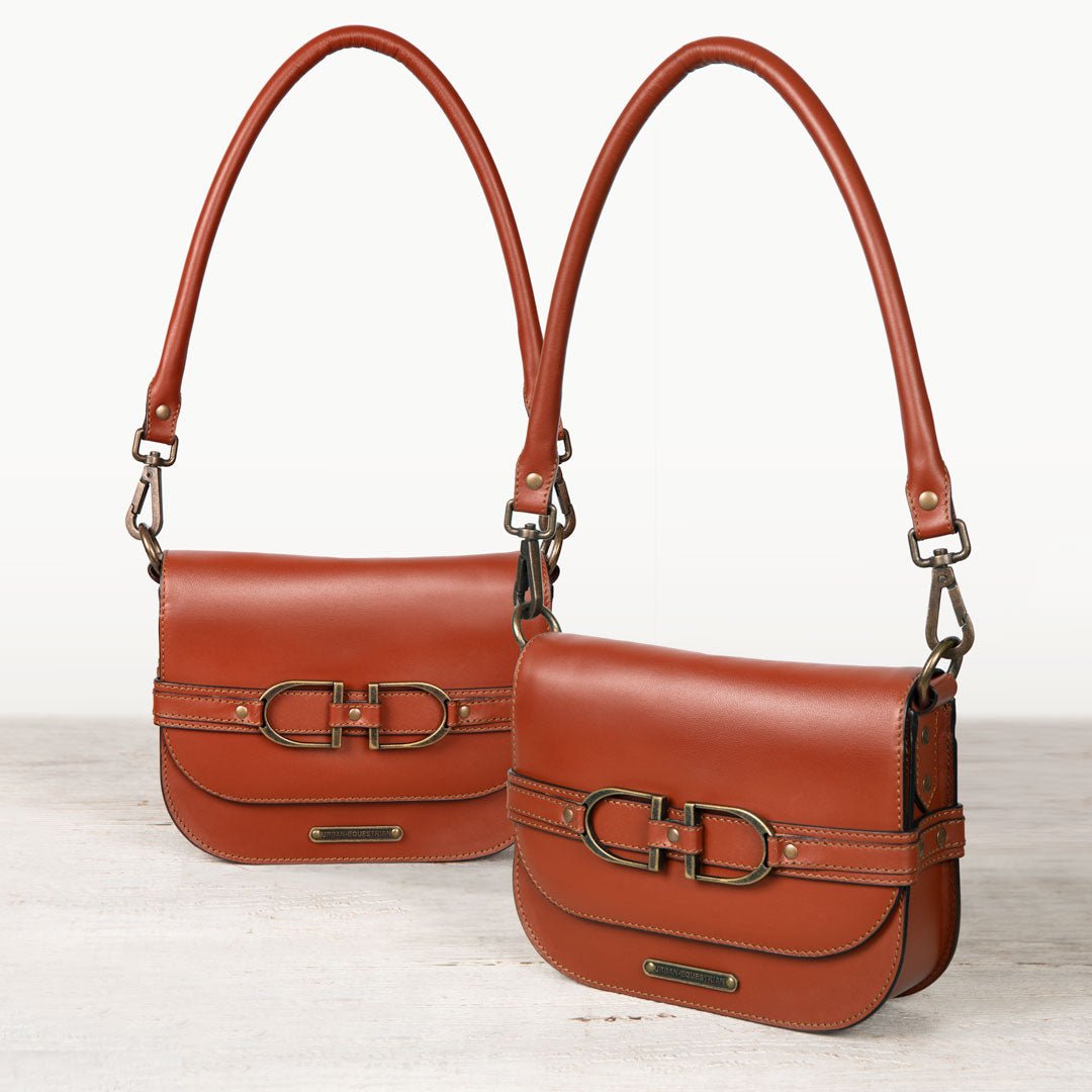 Urban Equestrian  Delaney - Equestrian Stirrup Crossbody Luxury Leather Handbag in Cognac