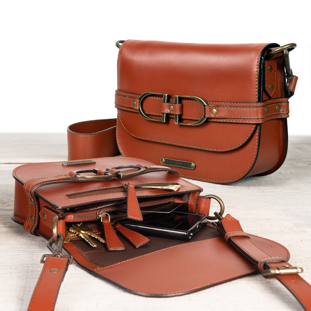 Urban Equestrian  Delaney - Equestrian Stirrup Crossbody Luxury Leather Handbag in Cognac