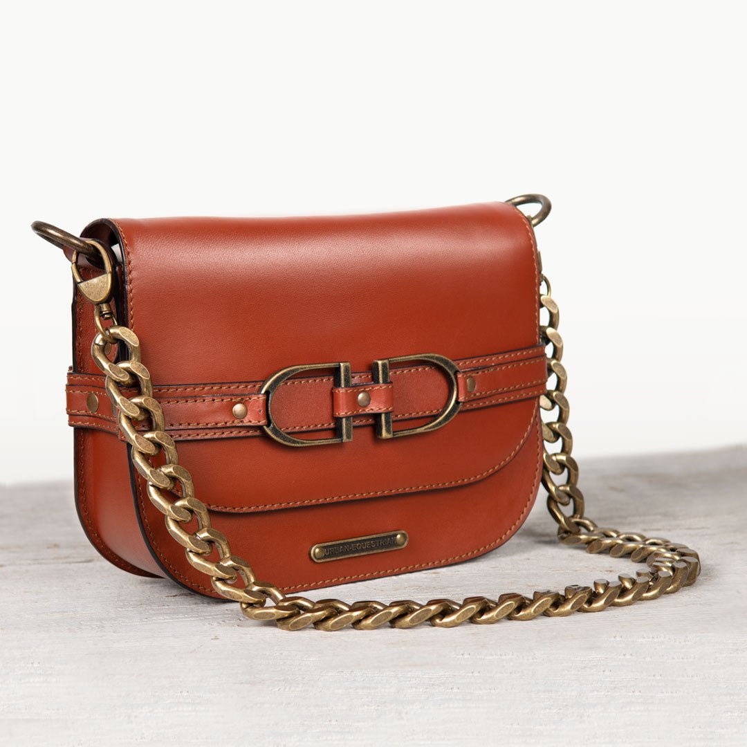 Urban Equestrian  Delaney - Equestrian Stirrup Crossbody Luxury Leather Handbag in Cognac