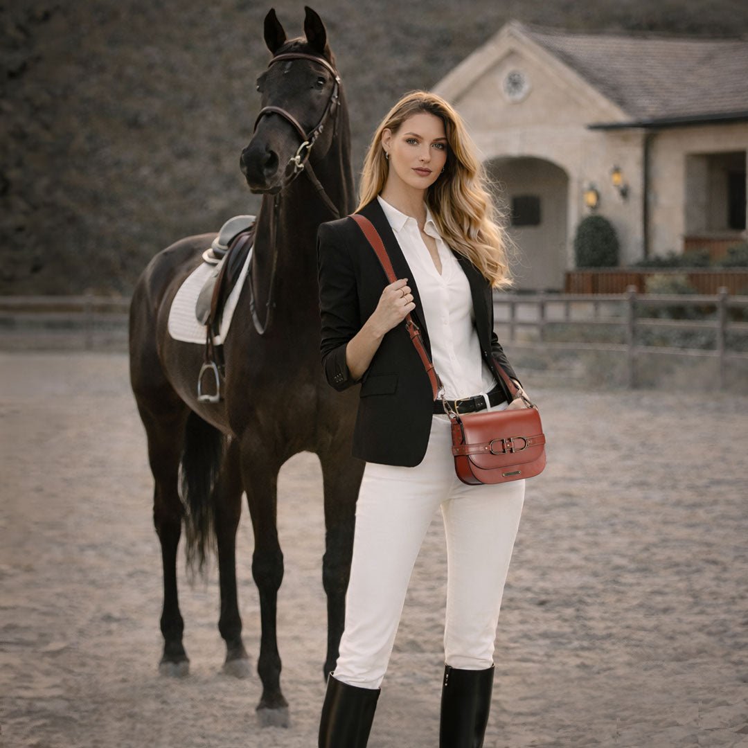 Urban Equestrian  Delaney - Equestrian Stirrup Crossbody Luxury Leather Handbag in Cognac