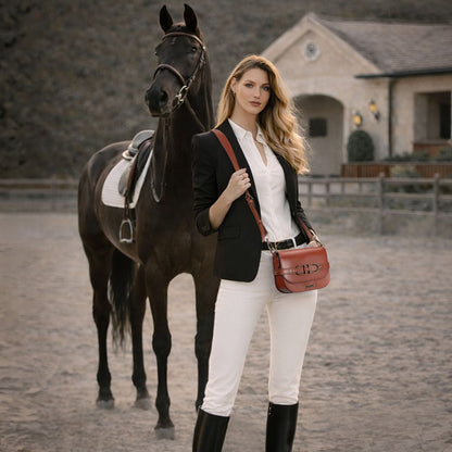 Urban Equestrian  Delaney - Equestrian Stirrup Crossbody Luxury Leather Handbag in Cognac