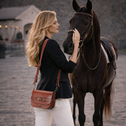 Urban Equestrian  Delaney - Equestrian Stirrup Crossbody Luxury Leather Handbag in Cognac