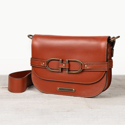 Urban Equestrian  Delaney - Equestrian Stirrup Crossbody Luxury Leather Handbag in Cognac