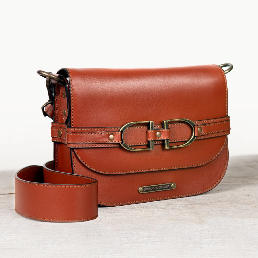 Urban Equestrian  Delaney - Equestrian Stirrup Crossbody Luxury Leather Handbag in Cognac