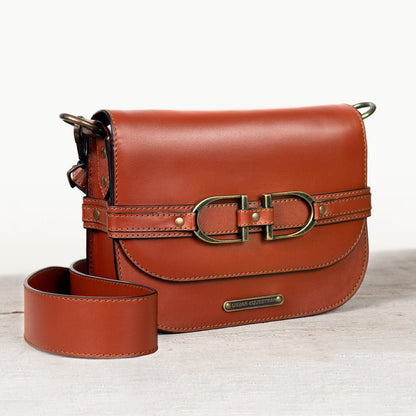 Urban Equestrian  Delaney - Equestrian Stirrup Crossbody Luxury Leather Handbag in Cognac