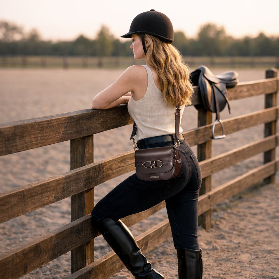 Urban Equestrian  Delaney - Equestrian Stirrup Crossbody Luxury Leather Handbag in Deep Brown
