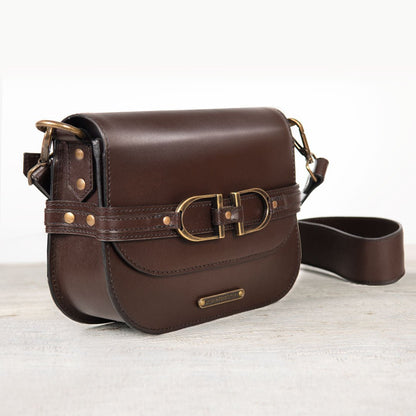 Urban Equestrian  Delaney - Equestrian Stirrup Crossbody Luxury Leather Handbag in Deep Brown