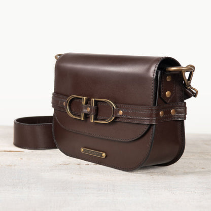 Urban Equestrian  Delaney - Equestrian Stirrup Crossbody Luxury Leather Handbag in Deep Brown