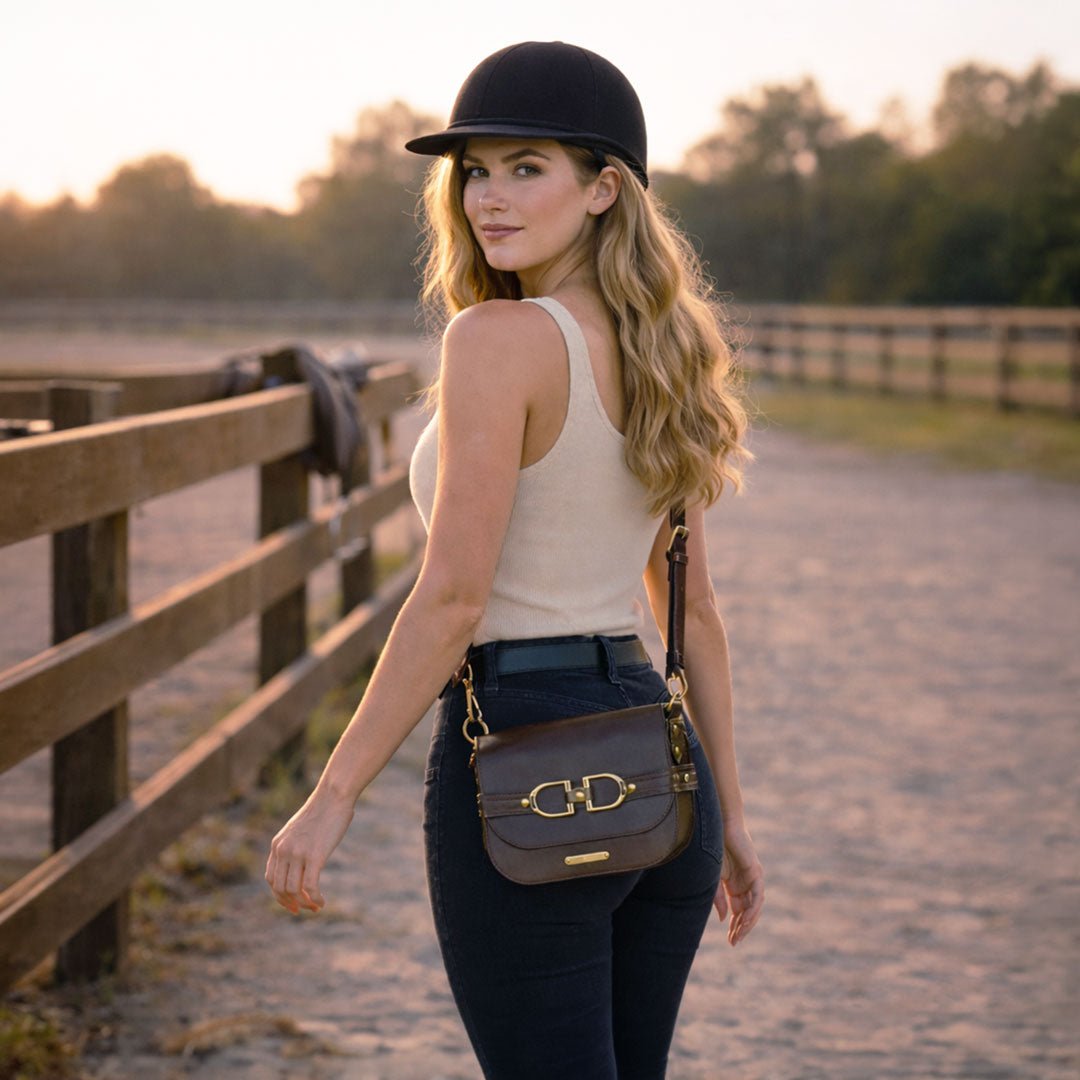 Urban Equestrian  Delaney - Equestrian Stirrup Crossbody Luxury Leather Handbag in Deep Brown
