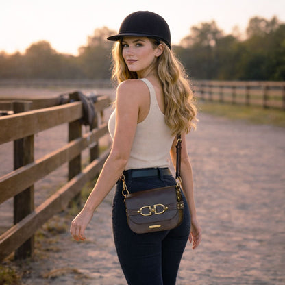 Urban Equestrian  Delaney - Equestrian Stirrup Crossbody Luxury Leather Handbag in Deep Brown
