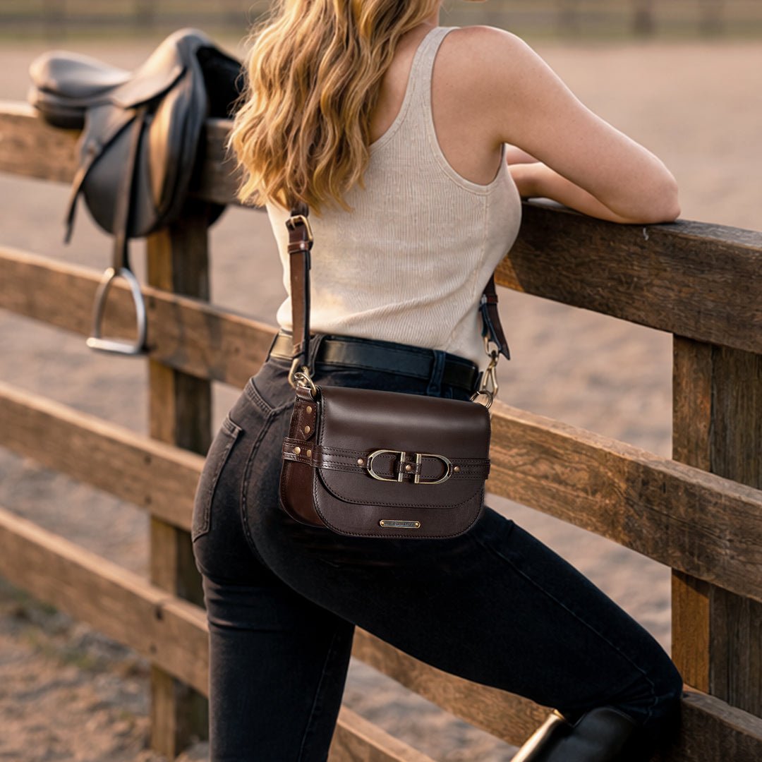 Urban Equestrian  Delaney - Equestrian Stirrup Crossbody Luxury Leather Handbag in Deep Brown