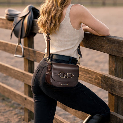 Urban Equestrian  Delaney - Equestrian Stirrup Crossbody Luxury Leather Handbag in Deep Brown