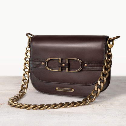 Urban Equestrian  Delaney - Equestrian Stirrup Crossbody Luxury Leather Handbag in Deep Brown
