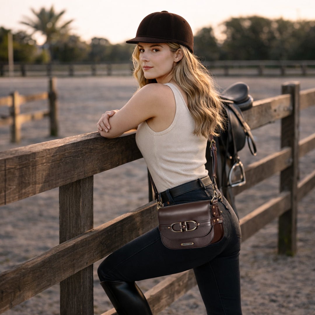 Urban Equestrian  Delaney - Equestrian Stirrup Crossbody Luxury Leather Handbag in Deep Brown