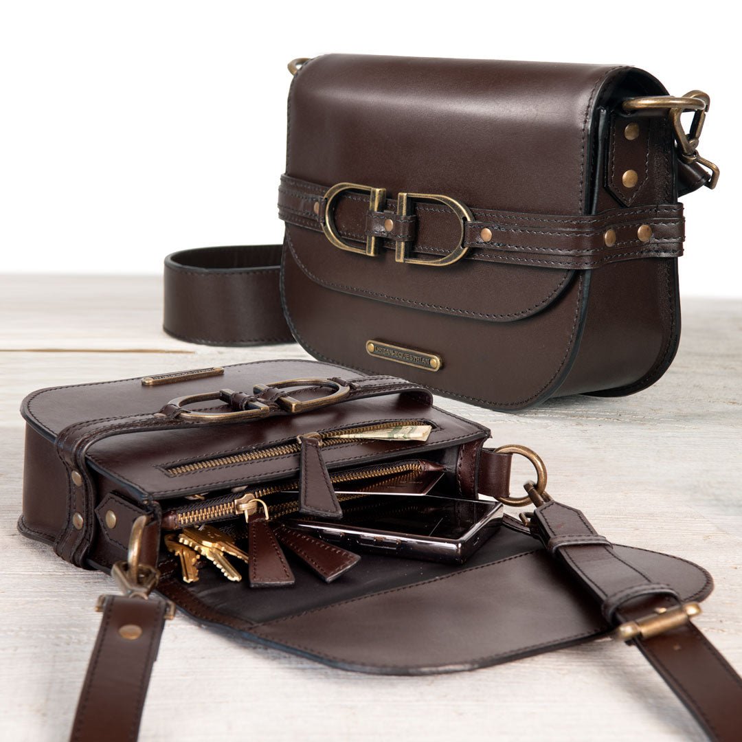 Urban Equestrian  Delaney - Equestrian Stirrup Crossbody Luxury Leather Handbag in Deep Brown