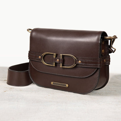 Urban Equestrian  Delaney - Equestrian Stirrup Crossbody Luxury Leather Handbag in Deep Brown