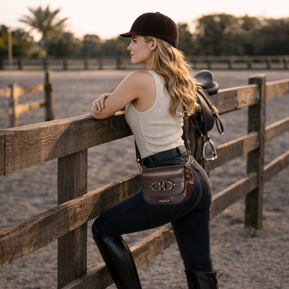 Urban Equestrian  Delaney - Equestrian Stirrup Crossbody Luxury Leather Handbag in Deep Brown