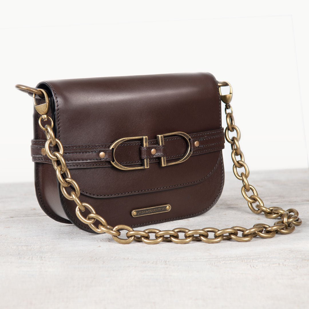 Urban Equestrian  Delaney - Equestrian Stirrup Crossbody Luxury Leather Handbag in Deep Brown