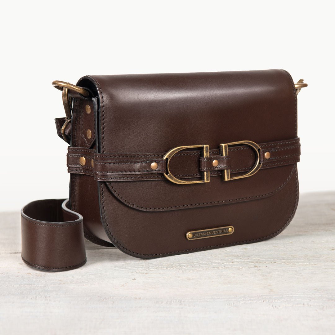 Urban Equestrian  Delaney - Equestrian Stirrup Crossbody Luxury Leather Handbag in Deep Brown