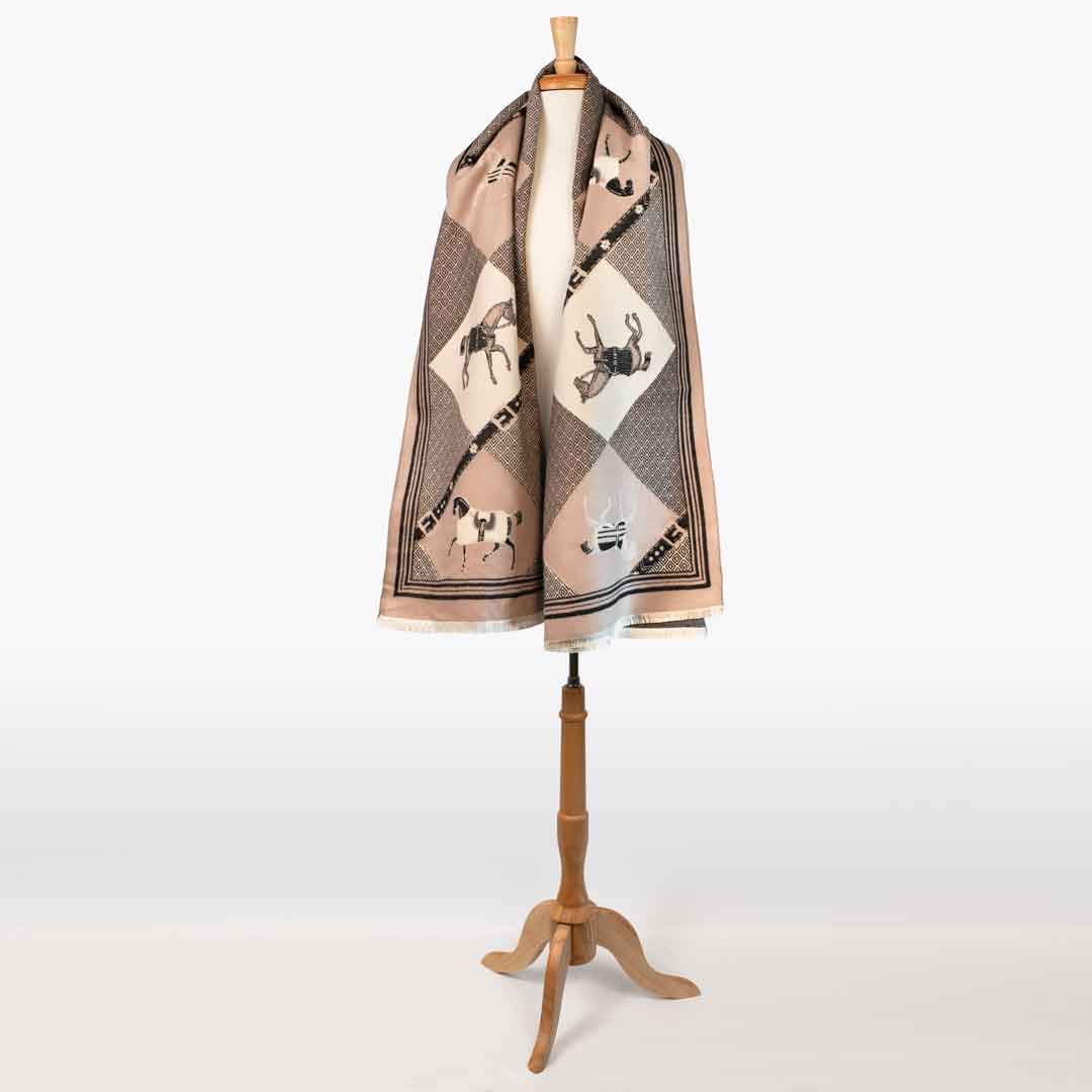 Urban Equestrian  Della -  Taupe Equestrian Motif Luxe Shawl