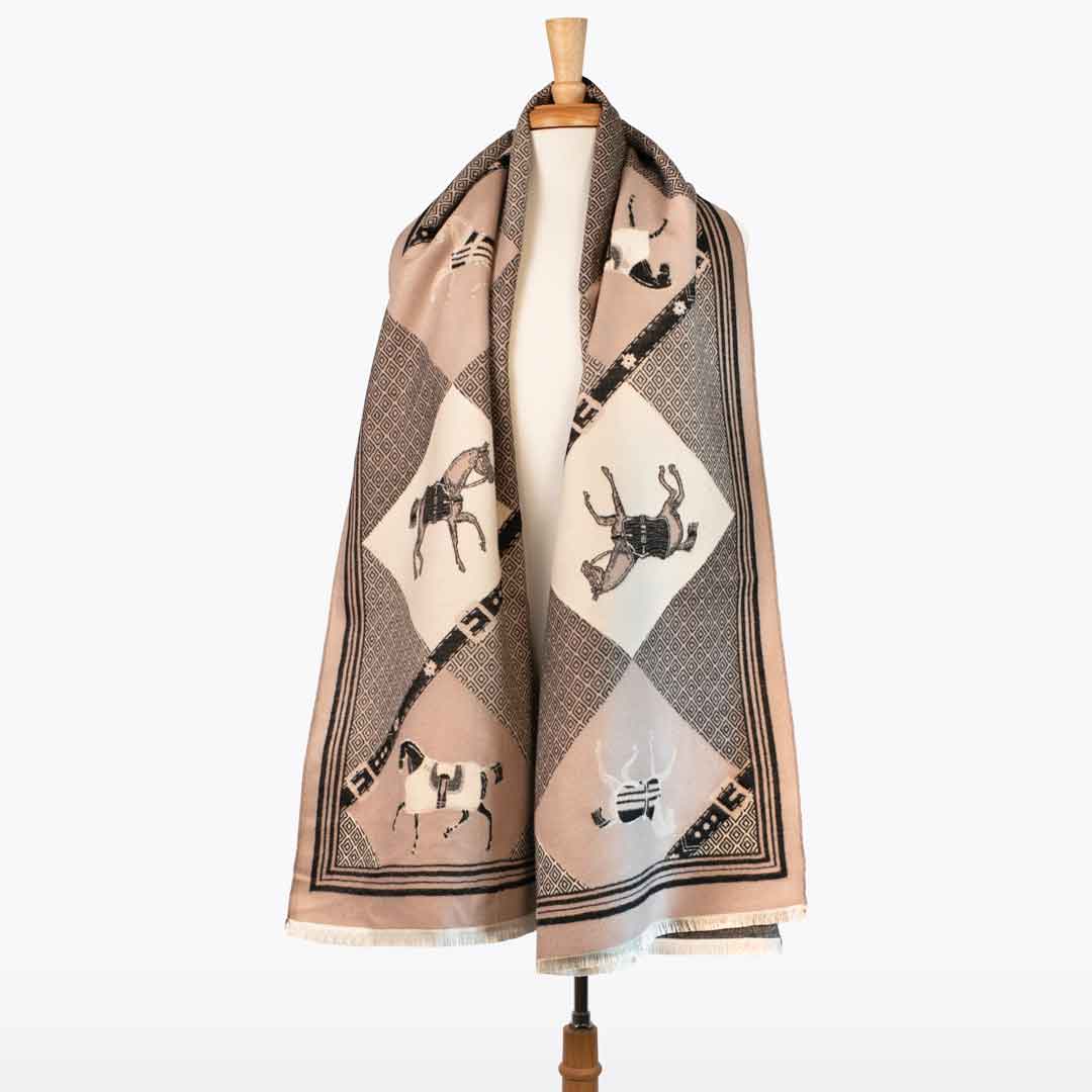 Urban Equestrian  Della -  Taupe Equestrian Motif Luxe Shawl