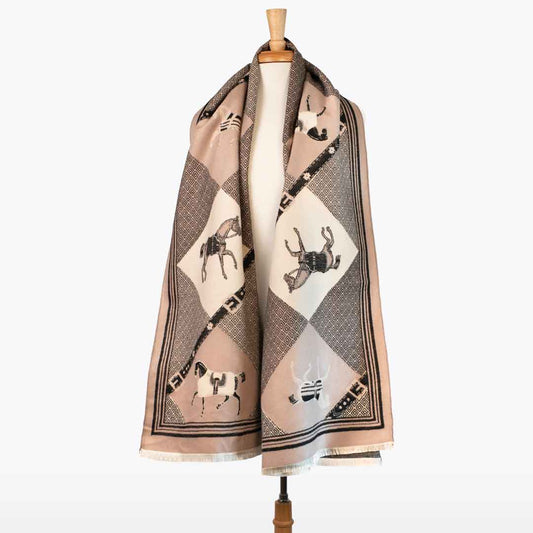 Urban Equestrian  Della -  Taupe Equestrian Motif Luxe Shawl