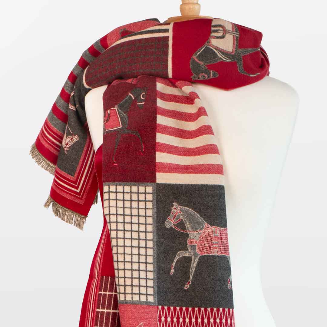 Urban Equestrian  Devon -  Crimson Equestrian Motif Luxe Shawl