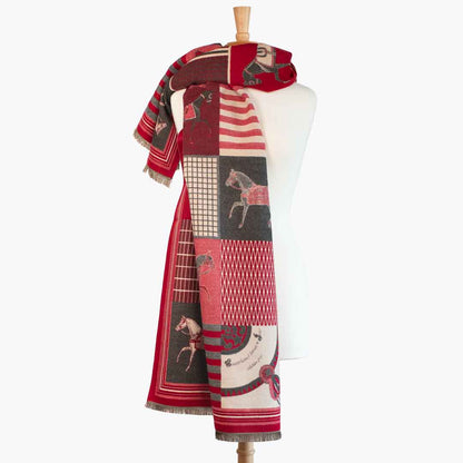 Urban Equestrian  Devon -  Crimson Equestrian Motif Luxe Shawl