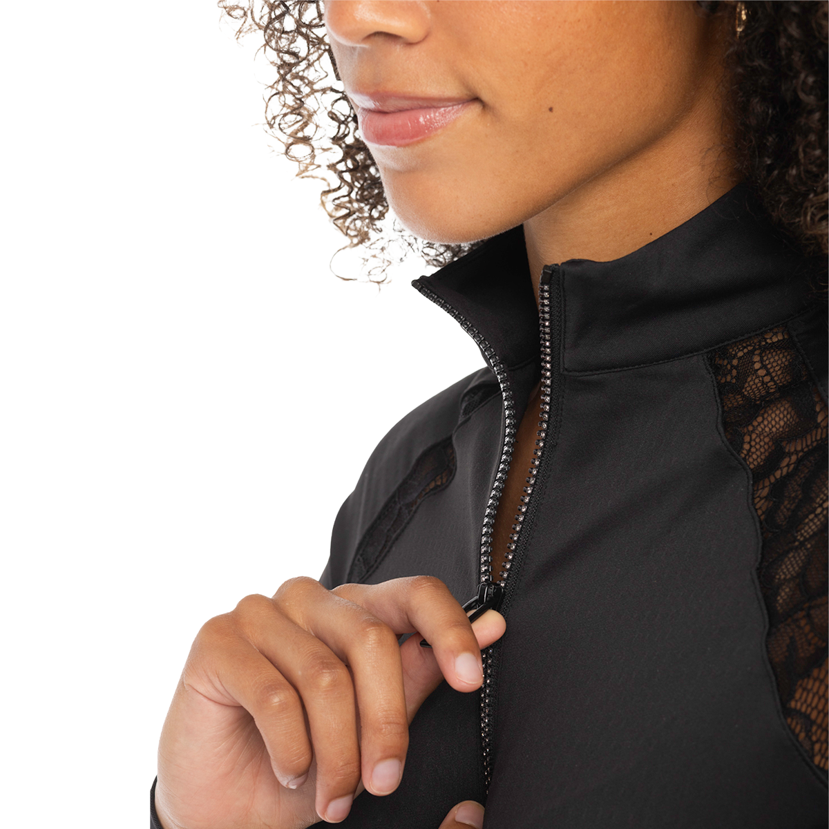 Kastel Women's 1/4 Zip Long Sleeve Shirt w/ Floral Lace Insets, Mesh Sleeves, & Crystal Zipper-Black-Zipper View
