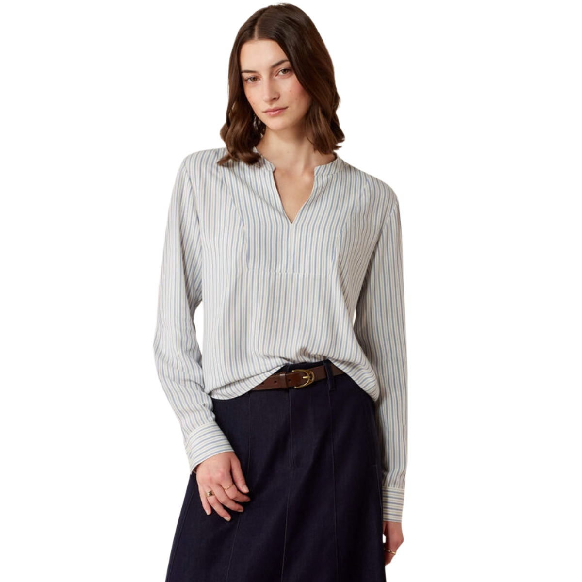 Ariat Women's Thornbeck Blouse model view in rainwashed stripe
