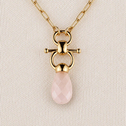 Urban Equestrian  Droplette - Rose Quartz Equestrian Horse Bit Necklace in Gold