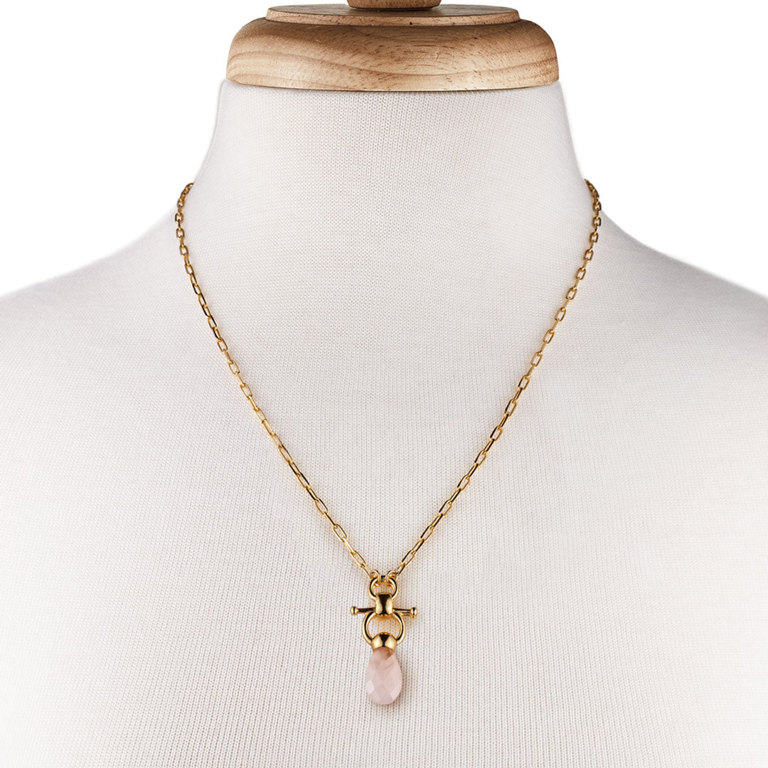 Urban Equestrian  Droplette - Rose Quartz Equestrian Horse Bit Necklace in Gold