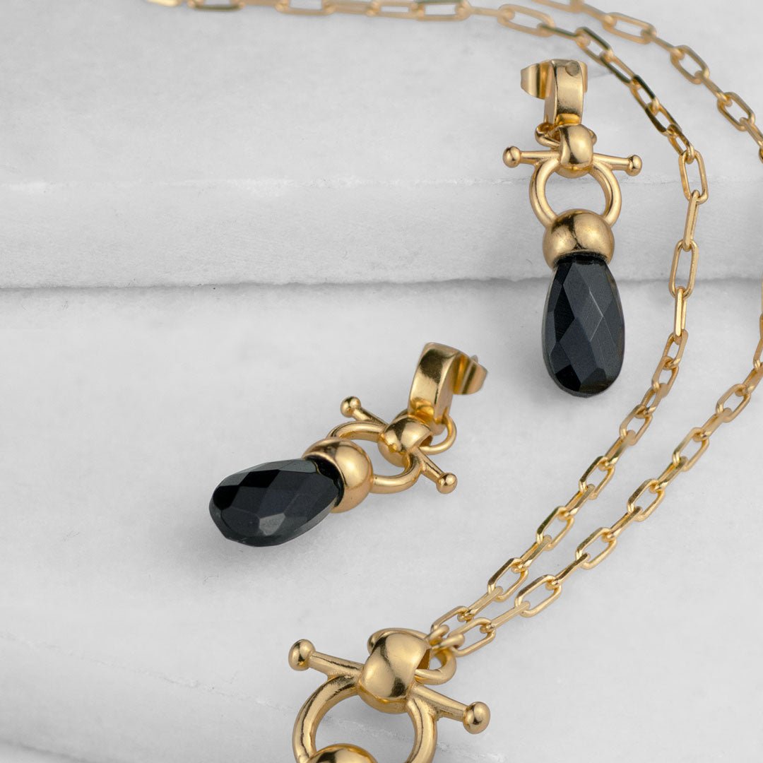 Urban Equestrian  Droplette - Black Onyx Horse Bit Earring Equestrian in Gold