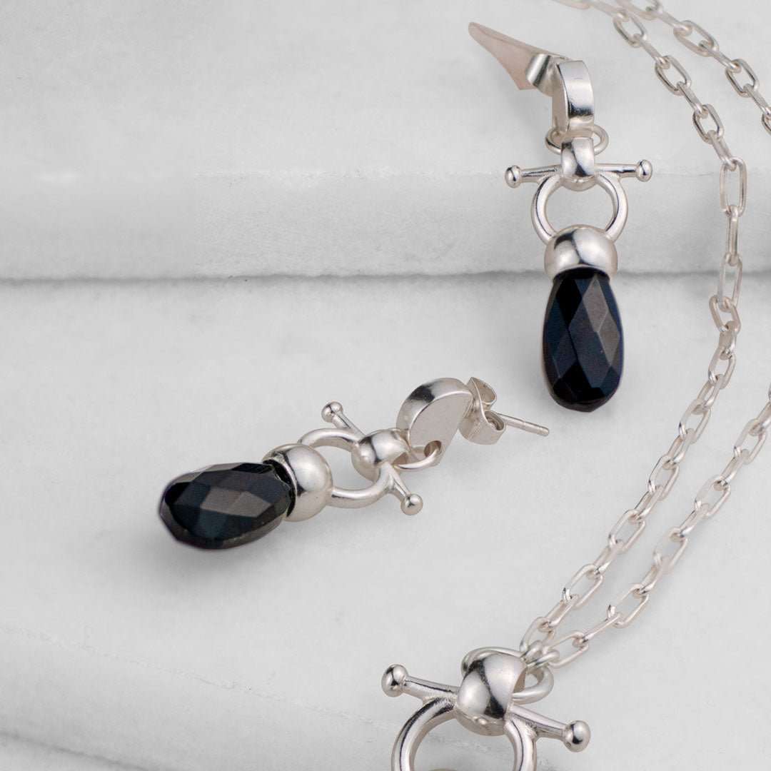 Urban Equestrian  Droplette - Black Onyx Horse Bit Equestrian Earring in Silver