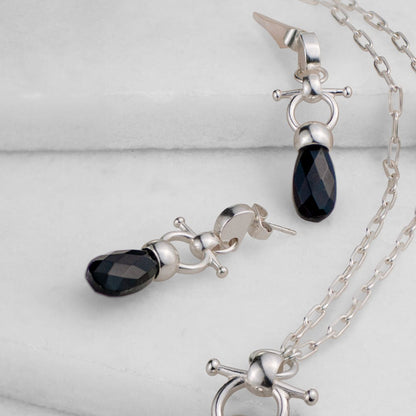 Urban Equestrian  Droplette - Black Onyx Horse Bit Equestrian Earring in Silver