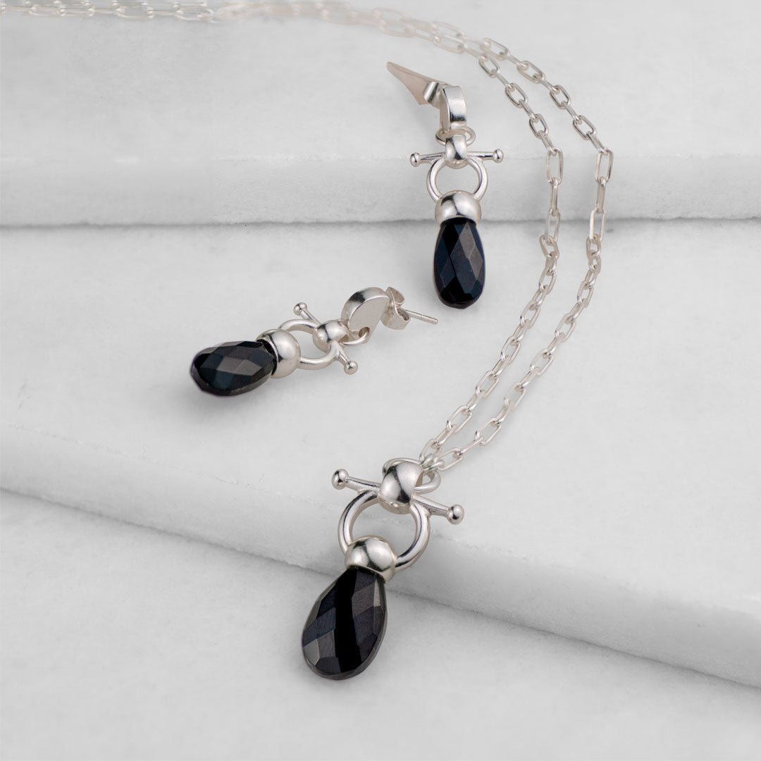 Urban Equestrian  Droplette - Black Onyx Horse Bit Equestrian Earring in Silver