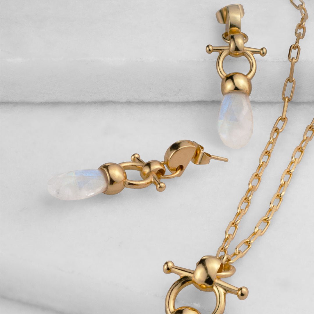 Urban Equestrian  Droplette - Moonstone Horse Bit Equestrian Earring in Gold