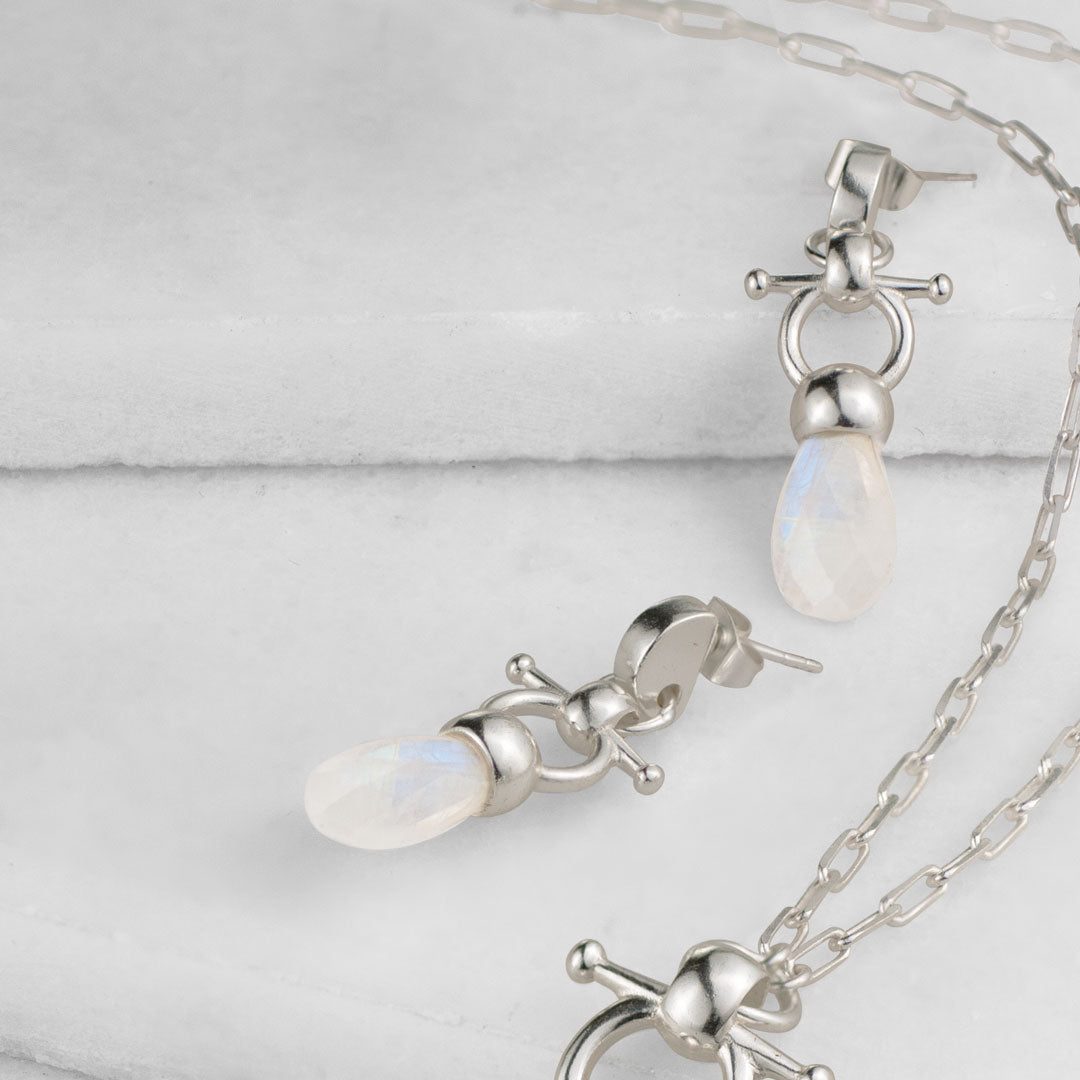 Urban Equestrian  Droplette - Moonstone Horse Bit Equestrian Earring in Silver